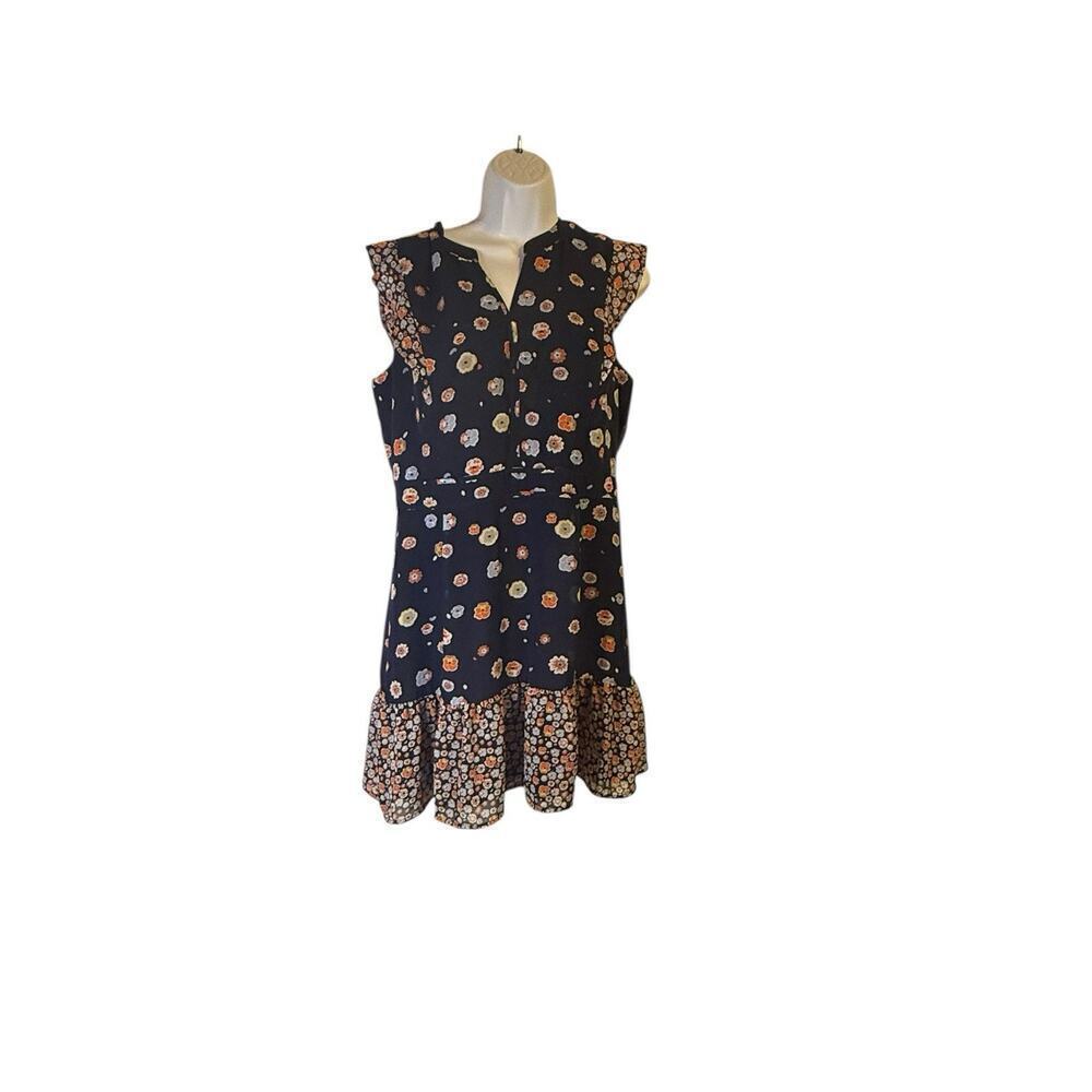 Maison Jules Women’s Floral Ruffle Hem Dress Navy Orange Print Size 12